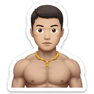 A standing buff shirtless asian guy with a really square jawline sticker