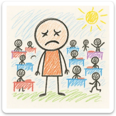 exhausted teacher in a bustling classroom sticker