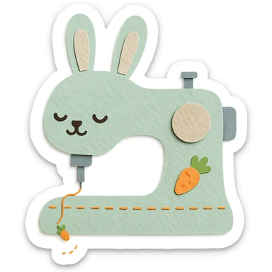 cute rabbit-shaped sewing machine, fluffy, stitching a tiny carrot pattern, soft mint pastel, full-body sticker