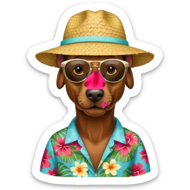 doberman with sunglasses and straw hat, hawaii shirt sticker