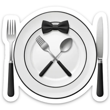 Minimalistic flat vector icon, iOS style, thin black contour on white background. Fork and knife crossed on a plate with a small bow tie above. Clean, no text, no shadows sticker
