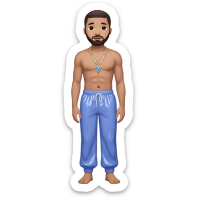 Drake with dark brown hair, periwinkle sequin baggy pants, shirtless with necklace sticker