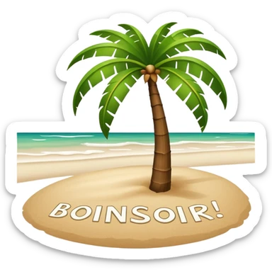 Un cocotier au bord d'une plage avec en arc de cercle écrit bonsoir sticker