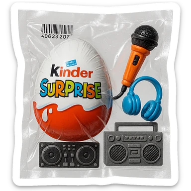 Kinder Surprise egg with wrapper, next to toys including microphone, boombox, headphones, DJ controller, glossy vacuum-sealed style sticker