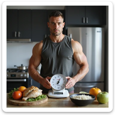 athletic man weighing food on kitchen scale, focused expression, table with healthy foods including chicken, vegetables, rice, fruit, hyperrealistic 4K details, modern home environment sticker