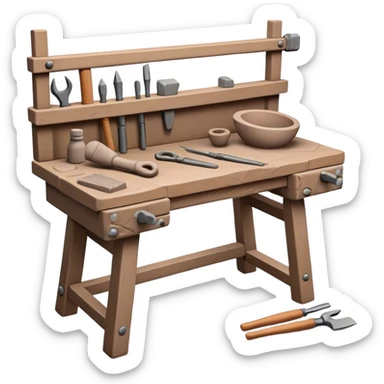 Cinematic Realistic image of a workbench set with a lump of pliable clay and artisanal sculpting tools, rendered with finely detailed textures that reveal subtle clay particles and well-worn tool surfaces, bathed in warm, focused studio lighting sticker