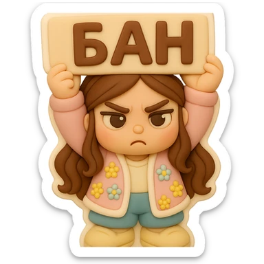 Create a 3D chibi fondant cake art style image of a girl based on the reference image. Preserve the facial features, eye shape, and hairstyle exactly as in the reference, with long brown hair styled in two space buns and brown eyes. She is wearing shoes matching the reference. The girl is holding a sign above her head with both hands, the sign says 'БАН' in bold letters. Her expression is judging and stern. Include a thick white outline like a sticker and ensure the background is transparent. sticker