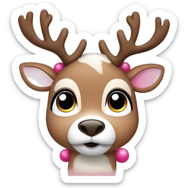 A cute  reindeer  with big brown eyes and long lashes with a pink Christmas Santa hat sticker