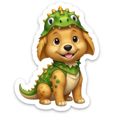 a golden retriever with a dinosaur costume sticker