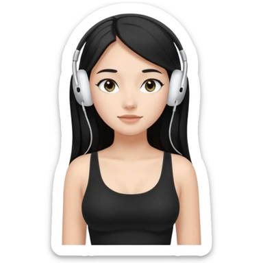 a fair girl with straight black long hair, wearing a black cami top. and wearing silver airpods max headphones on sticker