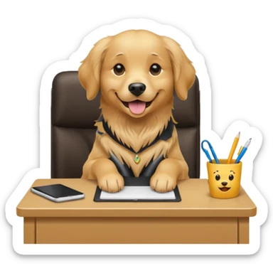 golden retriever receptionist emoji, sitting at a desk, simple and clear expression sticker