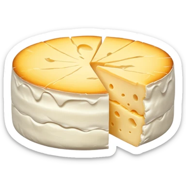 round Coulommiers cheese with soft white bloomy rind with gentle wrinkles, pale yellow creamy inside, clean slice cut showing gooey texture near rind, soft lighting, subtle shadows, transparent background, emoji scale sticker