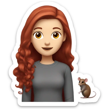 redhead girl with long hair and Dyson styling with grey eyes in a burgundy sweater and a rat on her shoulder sticker