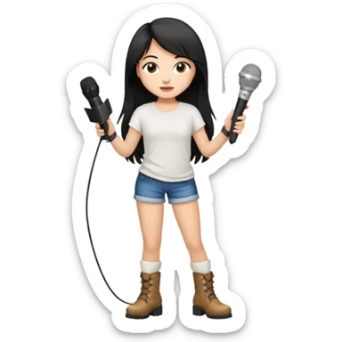 Crie uma cantora morena charmosa de shortes top e bota com microfone branca e cabelo preto sticker