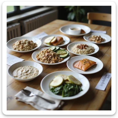 hyperrealistic 4K table with separate plates for 2000 calorie diet: breakfast with porridge, apple, nuts; lunch with chicken, quinoa, zucchini; dinner with salmon, basmati rice, spinach; snacks with Greek yogurt, pear, hazelnuts. Plates labeled with calories, modern kitchen atmosphere sticker