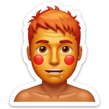 a man with a sunburned red face, sweating, playful emoji style sticker