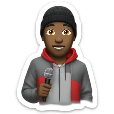 black man in red beanie holding reporter mic sticker