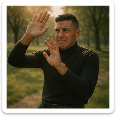 Create a symbolic 4k realistic scene outdoors in a sunny park, showing a man raising his hands to shield his face from the sun, with a fearful and uncomfortable expression. The sunlight is warm, but the man looks tense. Use muted colors and expressive body language, symbolizing misunderstanding about sunlight and health. Use the reference image for facial features and general appearance. sticker