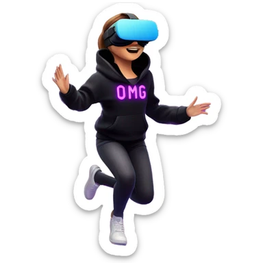 Russian girl wearing black hoody with violet letters "OMG", in vr headset oculus quest2. jumping. Cyberpunk style. Violet neon. sticker
