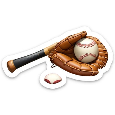 A baseball bat, ball, and glove resting on the ground, set against the backdrop of a baseball field. The scene captures the iconic equipment of the sport, with the field in the distance and a bright sky above, evoking the spirit of the game. sticker