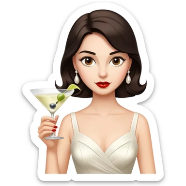 Beautiful woman in 1950’s woman fashion look, white dress, long dark brown hair, martini  sticker