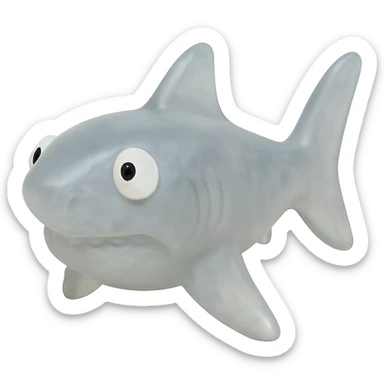 Make the shark even more transparent and slightly see-through, keeping the natural gray color, in a retro 90's toy style with derpy eyes, soft plastic texture, soft reflections, soft and squishy appearance, some cloudiness, not shiny, highly detailed and appealing. Remove any tags and background. sticker