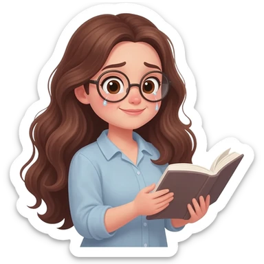 detailed emoji illustration of a curvy woman with long chestnut brown wavy hair, light brown eyes and round glasses reading a book with an emotional expression, touched by the story, emoji style sticker