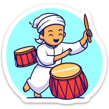person beating a drum and chanting 'tung tung tung sahur' in a festive Ramadan night setting sticker