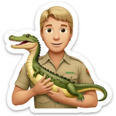 Cinematic Realistic Steve Irwin Portrait Emoji, in his signature khaki attire, holding a crocodile or giving an excited thumbs-up. The scene is lit with vibrant, natural sunlight, emphasizing his adventurous spirit and deep connection to nature. sticker