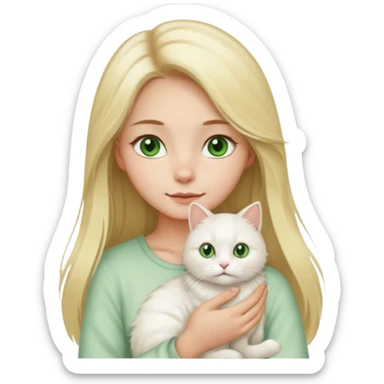 A cartoon-style digital illustration of a fair-skinned young woman with long blonde hair and brown eyes gently holding a fluffy white cat with green eyes against a white background. sticker