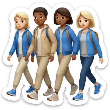 iOS emoji style - a men and 2 women in casual clothes and wearing trainers. Walking in the same direction quickly together. 
Not holding hands. No backpacks. 
 sticker