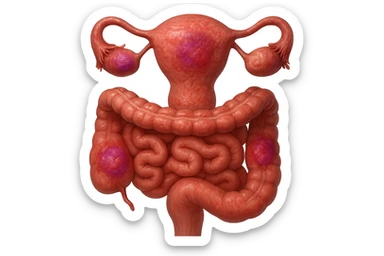 utero umano anatomico iperrealistico e intestino umano anatomico iperrealistico hanno in comune il dolore e l'infiammazione, rendi bene il collegamento tra i due organi doloranti, falla iperrealistica, non disegnata, fai colori che si adattano a questo viola #971ef1 sticker