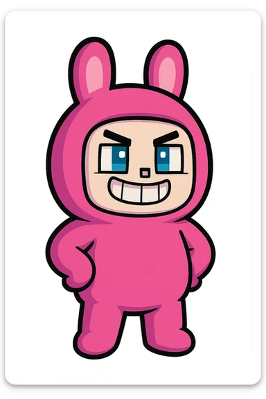 Extract and isolate the small character in the pink bunny suit from the image, placing them on a transparent background, keeping the original Minecraft cartoon style and appearance. sticker
