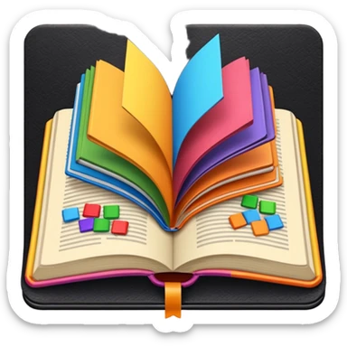 an open book with a dark cover and brightly colored tile samples sticker