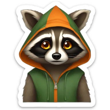 brown raccoon with orange eyes and a dark green hood that is sad sticker