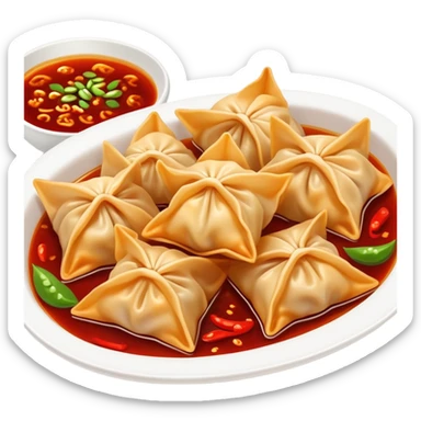 Sichuan spicy wontons in chili oil sauce, simplified emoji style with bold outlines and bright colors, cartoon style red Chinese dumplings Hongyan Chaoshou sticker
