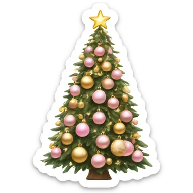 rich Christmas tree decorated with gold lights, snow, pink and beige baubles  sticker