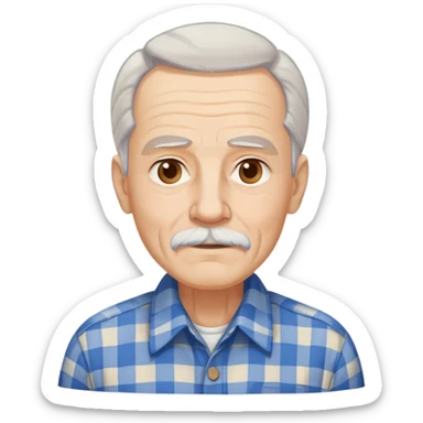 Elderly man with light skin. Elongated face with kind expression. Light brown eyes. Thin eyebrows. White goatee and white mustache. Gray-white hair combed back. Wearing a blue and beige checkered button-up shirt. sticker