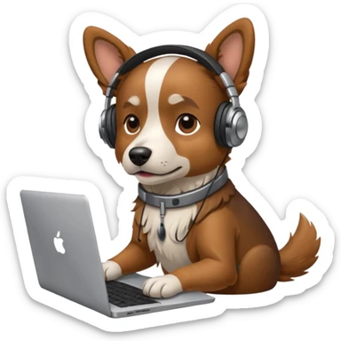 A dog with headphones on  a laptop sticker