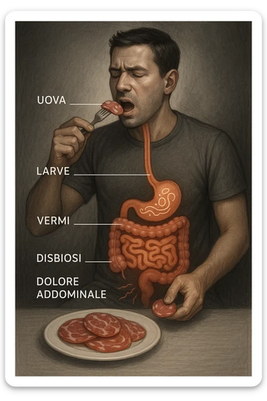 vertical realistic illustration of a man eating sliced cured meats, showing a visual progression of intestinal parasites and initial symptoms of dysbiosis, clinical atmosphere, dramatic lighting, Italian captions, aspect ratio 2:3 sticker