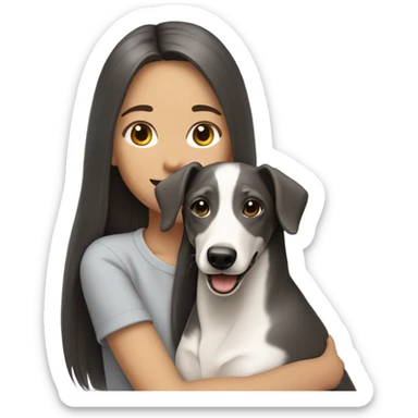 Girl long dark straight hair smiling with grey and white  a whippet puppy around her shoulders  sticker