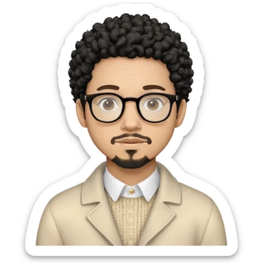 Light skin male with black curls, glasses, a goatee and a white button up colar with a beige knit sweater and beige off white coat sticker