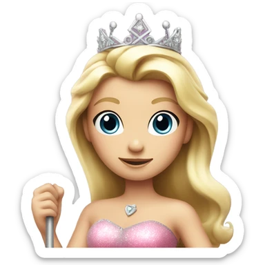 Blonde princess with tall silver crown in a pink sparkly dress holding a magic wand sticker