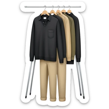 Open wardrobe filled with practical work clothes - black shirts, overalls, khaki pants, and sweaters sticker