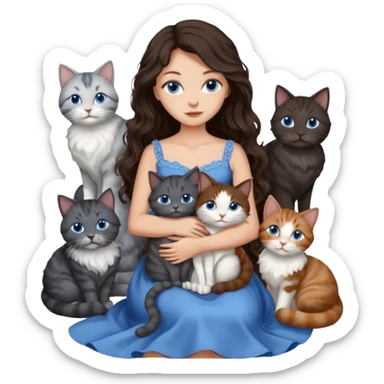 detailed realistic looking a dark grey and white cat regally sitting with six other cats, cuddling with their owner who is a pretty bratz lightly tanned white girl with long dark brown hair, blue eyes and gorgeous long wavy hair wearing a pretty detailed dress sticker