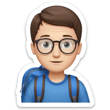 a boy with combover short brown hair and blue eyes, glasses, backpack sticker