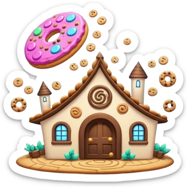 Exterior of a magical cookie factory with swirling portal above the roof, cookies flying in from different dimensions, glowing runes and enchanted pipes spiraling around the building, emoji-style sticker