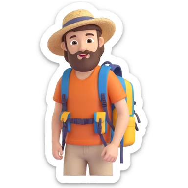 Make the adventurous bearded guy look younger while keeping the straw hat and backpack, in 3D emoji style, with no background. sticker