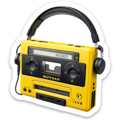 Sony Walkman cassette player from 1990s, yellow and black, with headphones sticker