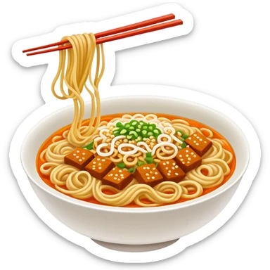 Wuhan hot dry noodles with sesame paste breakfast bowl, simplified emoji style with bold outlines and bright colors, cartoon style Hubei morning Re Gan Mian sticker